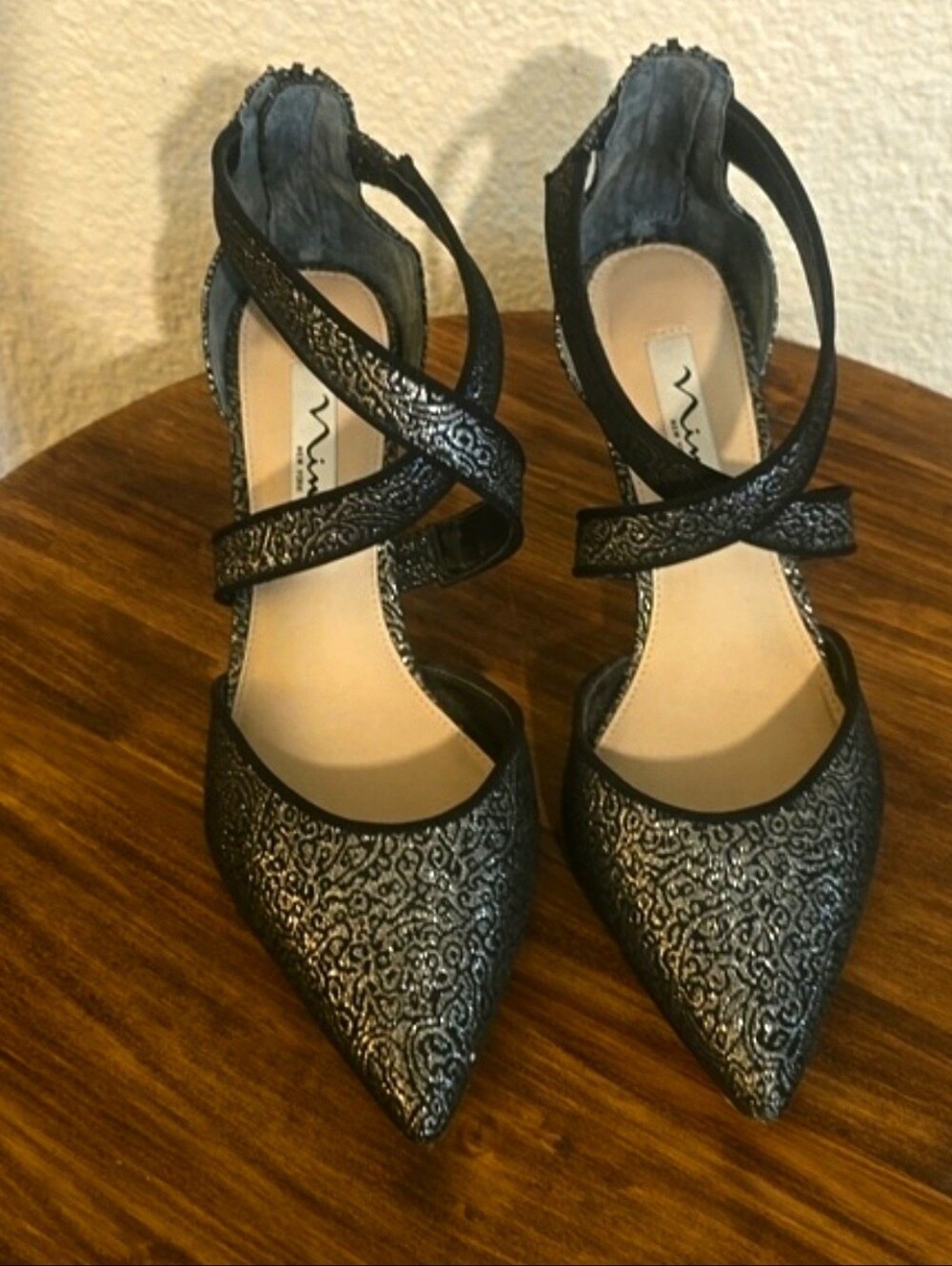 Nina New York |Black & Silver Jacquard Slip On Back Zip HEELS Fancy Elegant 8